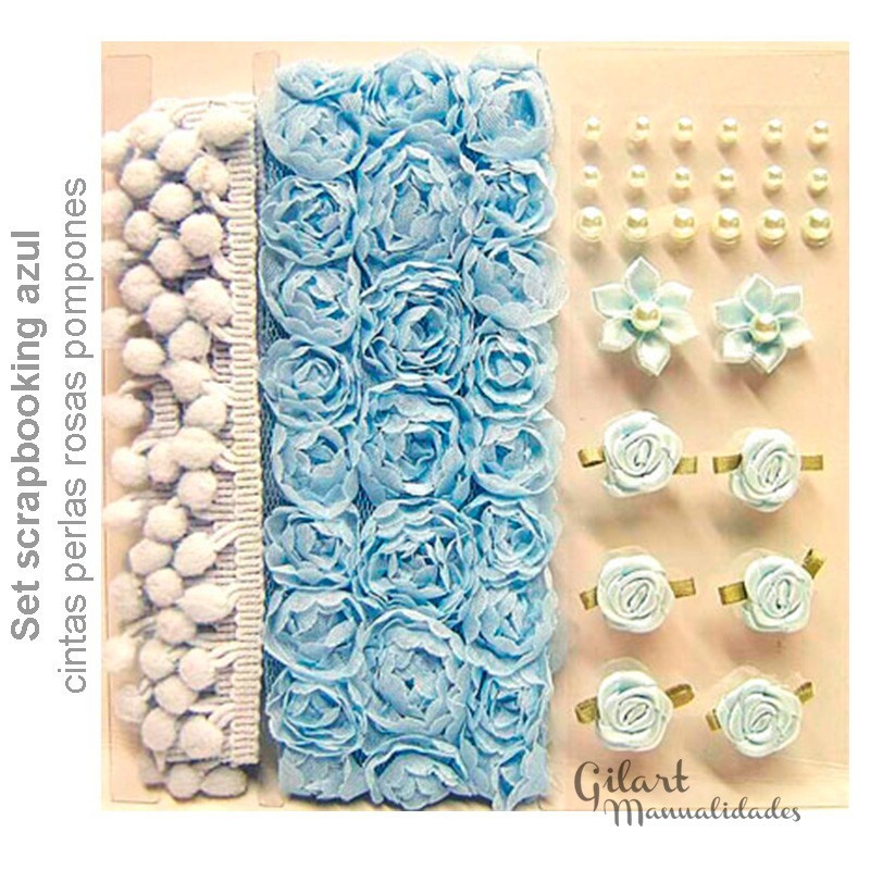 Set-scrapbooking-pompones-cintas-perlas-rosas-tonos-azules