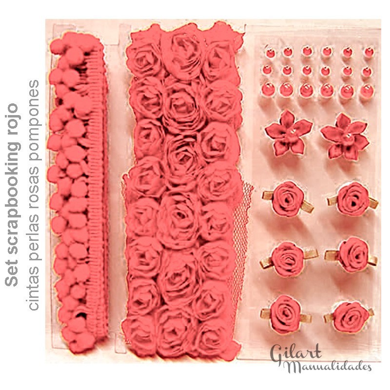 Set-scrapbooking-pompones-cintas-perlas-rosas-tonos-rojos