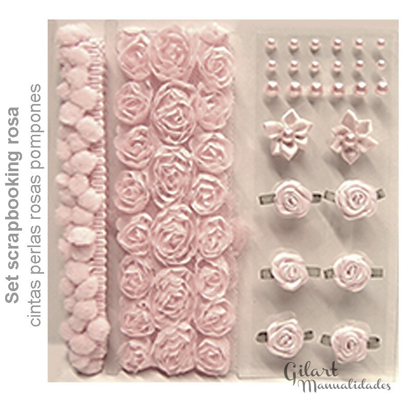 Set-scrapbooking-pompones-cintas-perlas-rosas-tonos-rosados