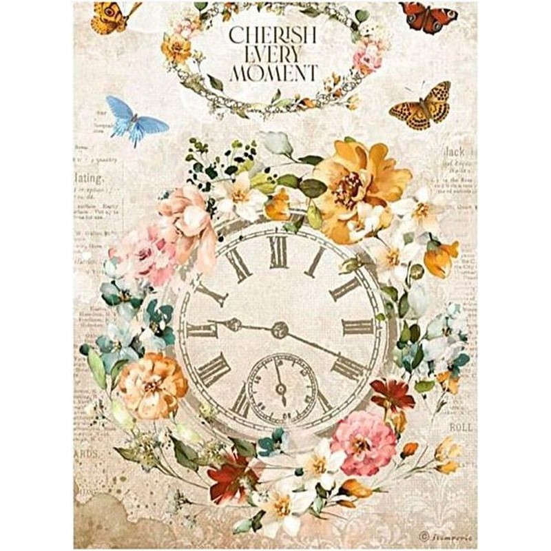 Papel de arroz Stamperia A4 - Garden of Promises Momento Reloj DFSA4689