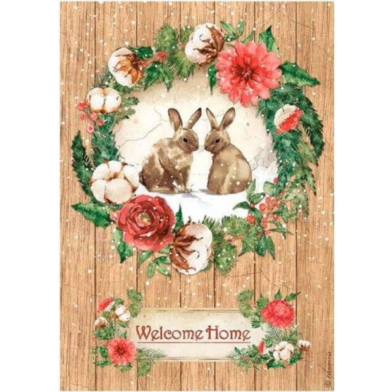 Papel arroz A4 Stamperia Romantic Home for the holidays a casa conejitos DFSA4705