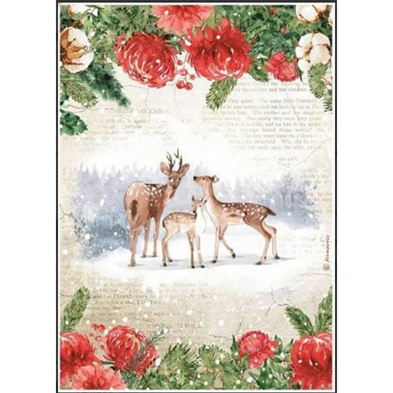 Papel arroz Stamperia A4 Romantic Home for holidays ciervos DFSA4707