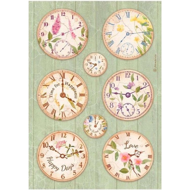 Papel de arroz Stamperia A4 - Créate Happiness Welcome Home Relojes DFSA4743