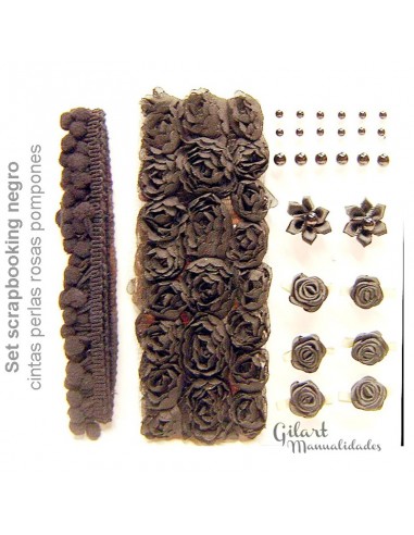 Set scrapbooking cintas-perlas-rosas-pompones-tonos negros