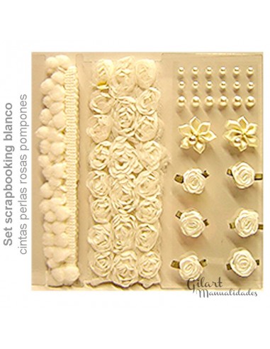 Set scrapbooking cintas-perlas-rosas-pompones-tonos blancos