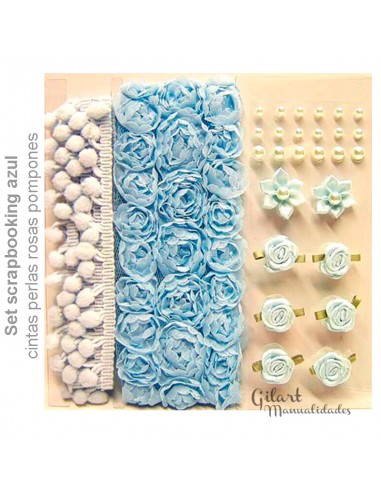 Set scrapbooking cintas-perlas-rosas-pompones tonos azules