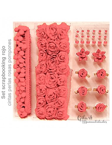 Set scrapbooking cintas-perlas-rosas-pompones-tonos rojos