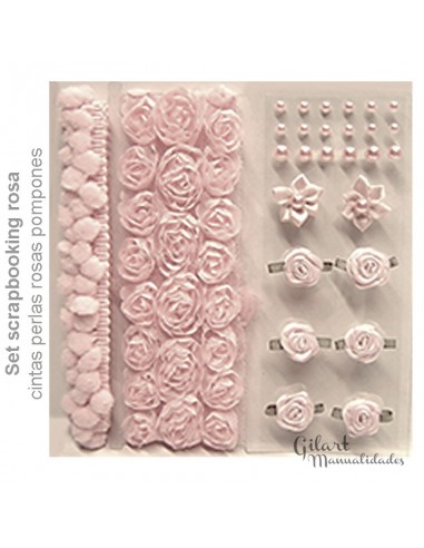 Set scrapbooking cintas-perlas-rosas-pompones tonos rosados