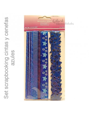 Cintas decorativas tonos azules - set 5 cintas surtidas totales 90 cm