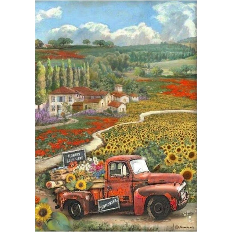 Papel de arroz Stamperia A4 - Sunflower Art Coche Vintage DFSA4769