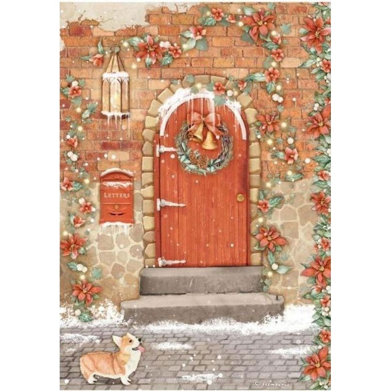 Papel arroz A4 Manualidades Stamperia Christmas puerta DFSA4804