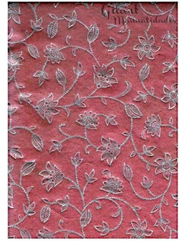 Papel para forrar y scrapbooking rojo metalizado diseño flores plata 50x70