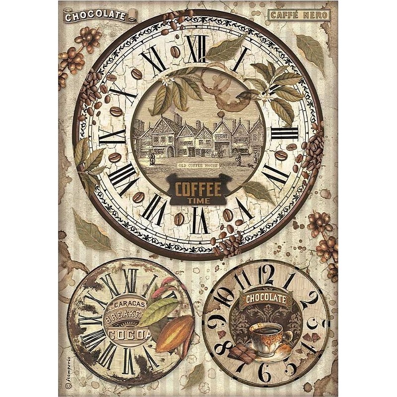 Papel de arroz Stamperia A4 - Coffee and Chocolate Relojes DFSA4823