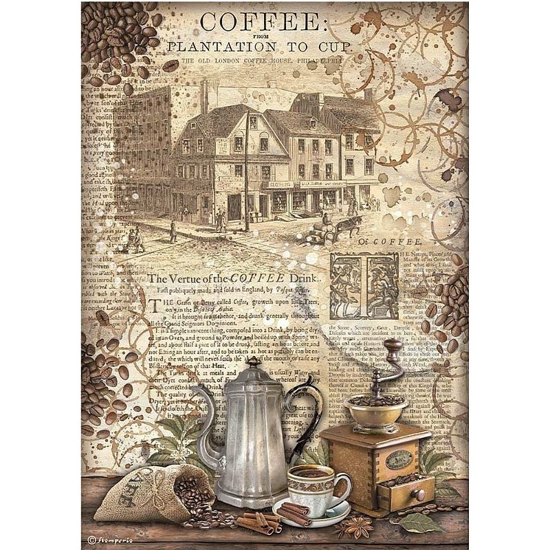 Papel de arroz Stamperia A4 - Coffee and Chocolate Molinillo DFSA4825