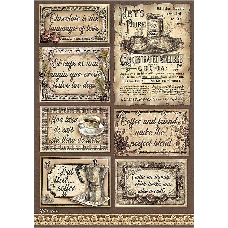 Papel de arroz Stamperia A4 - Coffee and Chocolate Etiquetas DFSA4826