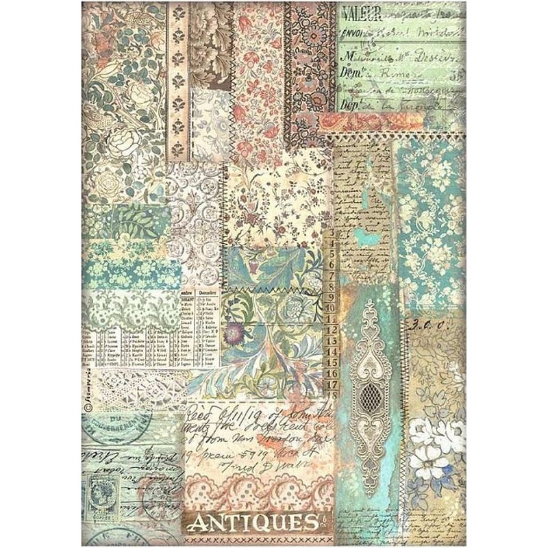 Papel de arroz Stamperia A4 - Brocante Antiques Patchwork de Telas DFSA4852