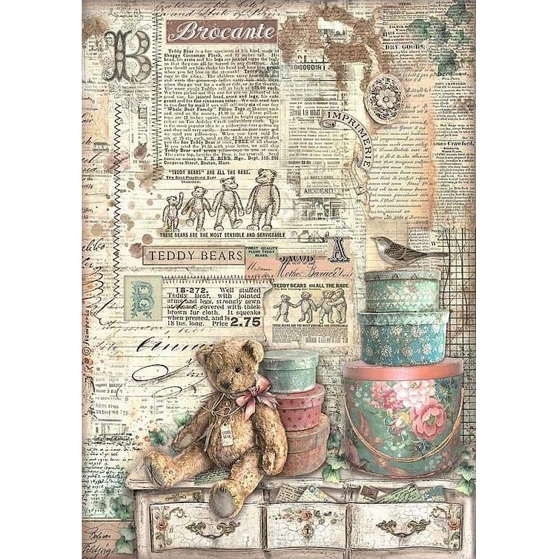 Papel de arroz Stamperia A4 - Brocante Antiques Osos de Peluche DFSA4854