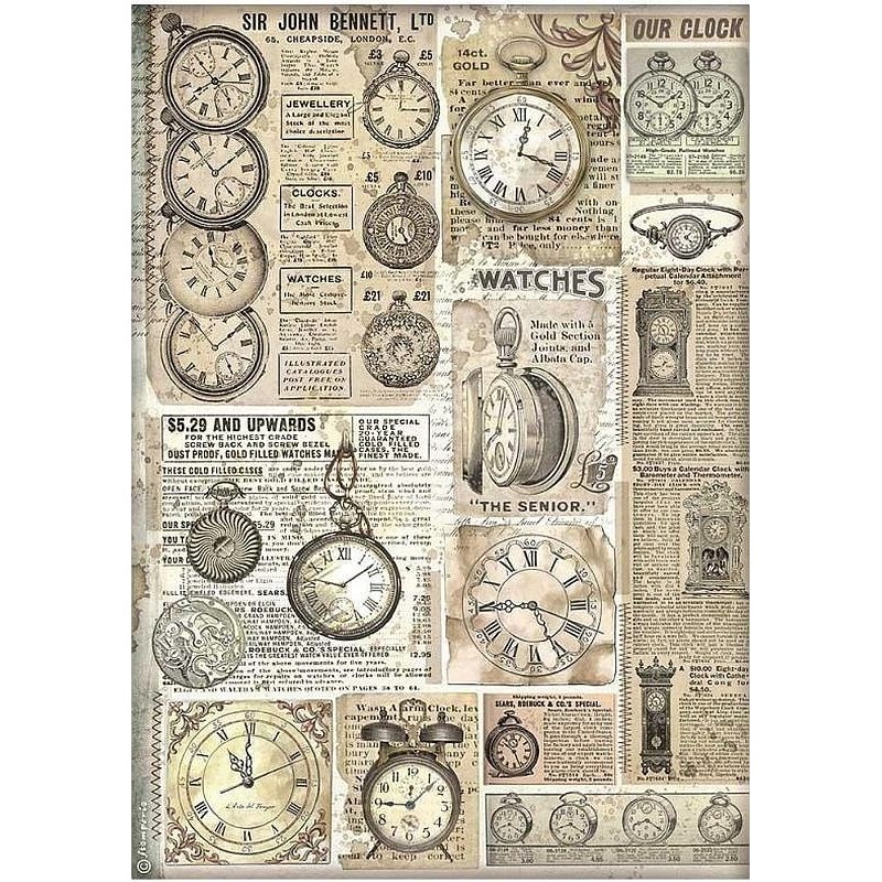 Papel de arroz Stamperia A4 - Brocante Antiques Relojes DFSA4855