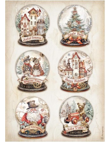 Papel de Arroz Stamperia Gear up for Christmas globos de nieve, perfecto para decoupage.