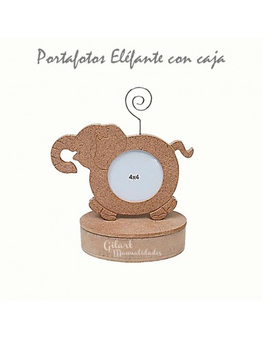 Portafotos DM elefante con cajita, ideal para decorar con diversas técnicas artísticas.