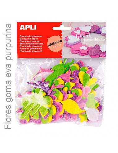 Flores adhesivas goma Eva purpurina bolsa 48 unidades.