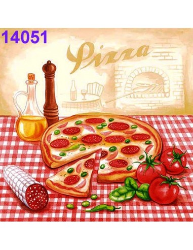 Servilletas decoupage diseño pizza salami 33x33 cm, ideales para manualidades creativas.