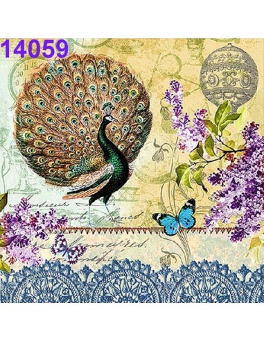 Servilletas decoupage diseño pavo real 33x33 cm, perfectas para proyectos creativos.