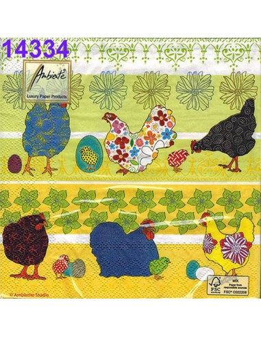 Servilletas decoupage estampadas gallinas 33x33 cm, perfectas para proyectos creativos.