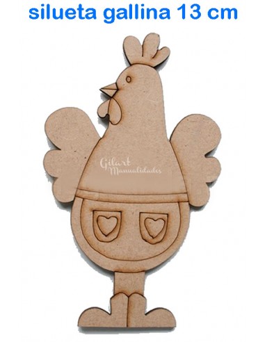 Silueta de gallina en DM de 130 mm ideal para decoraciones artísticas y manualidades.