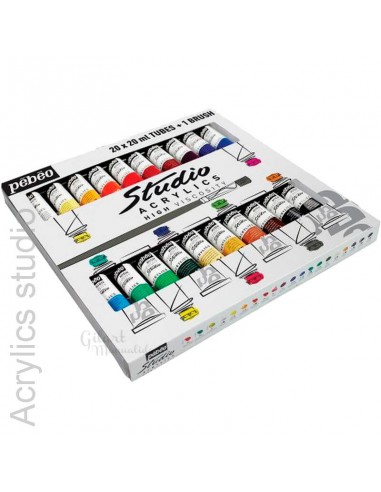 Set Studio Acrylics Pebeo de 20 tubos de 20 ml + pincel, ideal para técnicas mixtas.