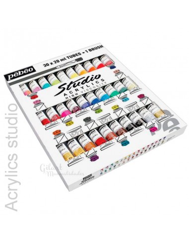 Set Studio Acrylics Pebeo de 30 tubos de 20 ml + pincel, ideal para técnicas mixtas.