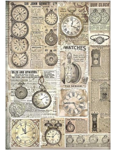 Papel arroz A4 Brocante Antiques relojes Stamperia, ideal para decoupage.