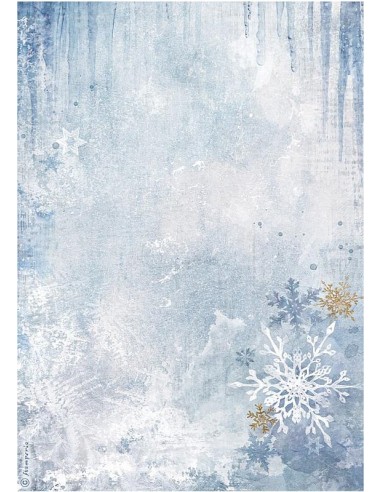 Papel de arroz Stamperia A4 Create Happiness con copos de nieve azules DFSA4972.