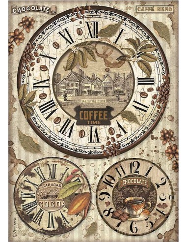 Stamperia papel arroz A4 Coffee and Chocolate relojes DFSA4823 de 28 g para decoupage.