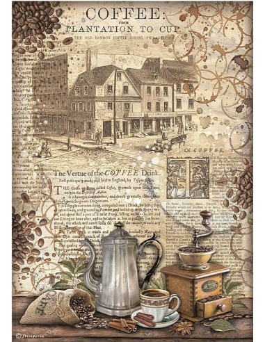 Papel arroz Stamperia A4 Coffee and Chocolate molinillo DFSA4825 para decoupage.