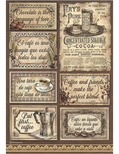 Papel de arroz Stamperia A4 Coffee and Chocolate etiquetas DFSA4826 ideal para decoupage.