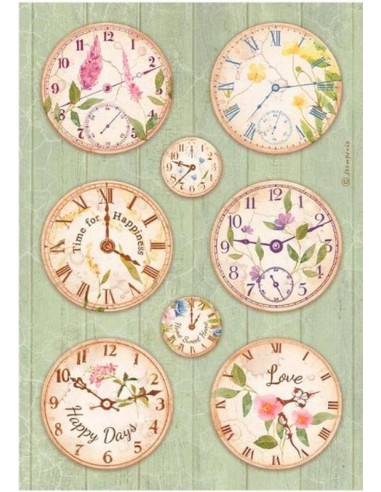 Papel arroz Stamperia A4 Welcome Home relojes DFSA4743, ideal para decoupage.