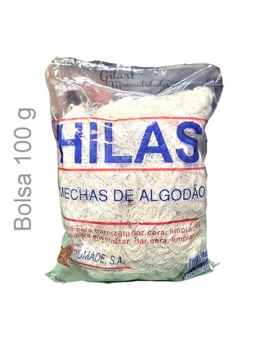 Hilas de algodón 100 % en bolsa de 100 g, ideales para artesanías y proyectos textiles.