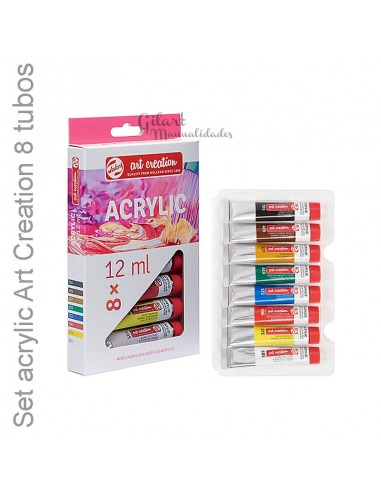 Set Acrílico Talens Art Creation con 8 tubos de 12 ml, ideal para proyectos de pintura y manualidades creativas.