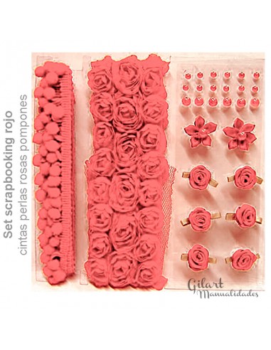 Set-scrapbooking-pompones-cintas-perlas-rosas-tonos-rojos