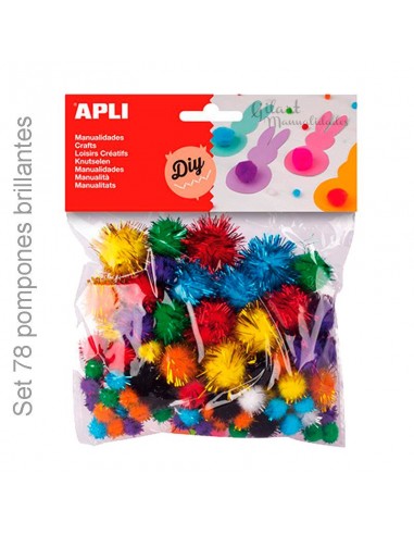 Pompones Apli 78 unidades, colores brillantes, ideales para manualidades.