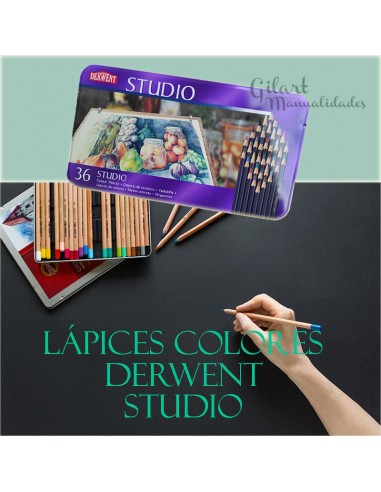 Lápices de colores Derwent Studio 36 unidades, estuche metálico ideal para artistas.