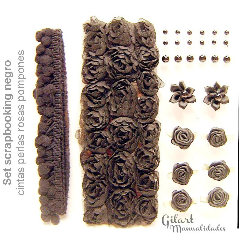 Set-scrapbooking-pompones-cintas-perlas-rosas-tonos-negros